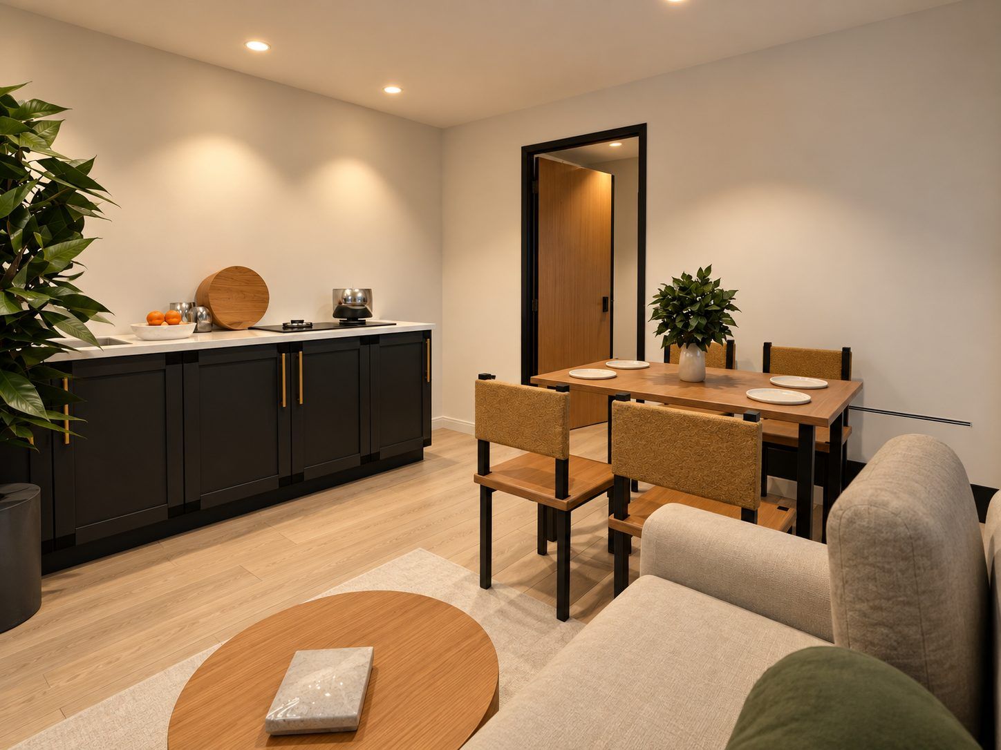 Cocina con muebles negros y tiradores dorados junto al comedor