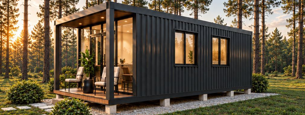 Módulo Cabaña de chapa antracita con galería de deck, en un bosque de pinos al atardecer
