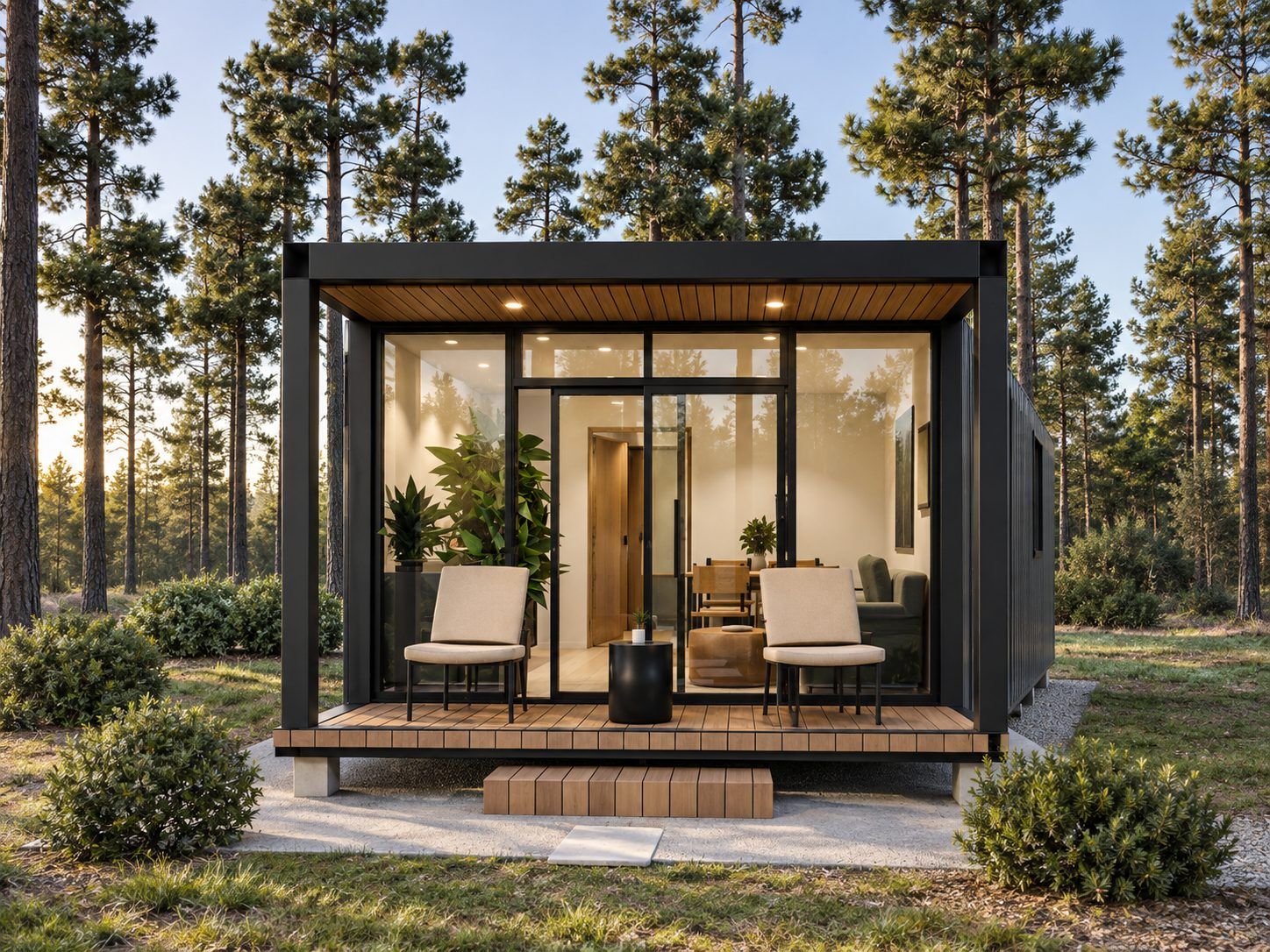 Módulo Cabaña con galería de deck entre pinos